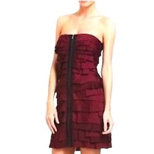 BCBG MaxAzria Bordeaux Strapless Ruffled Tiers Dress
